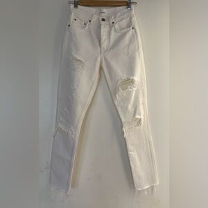 GRLFRND Distressed Cream Straight Leg Jeans